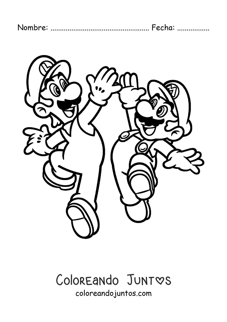 Imagen para colorear de los hermanos Mario y Luigi saltando chocando las manos