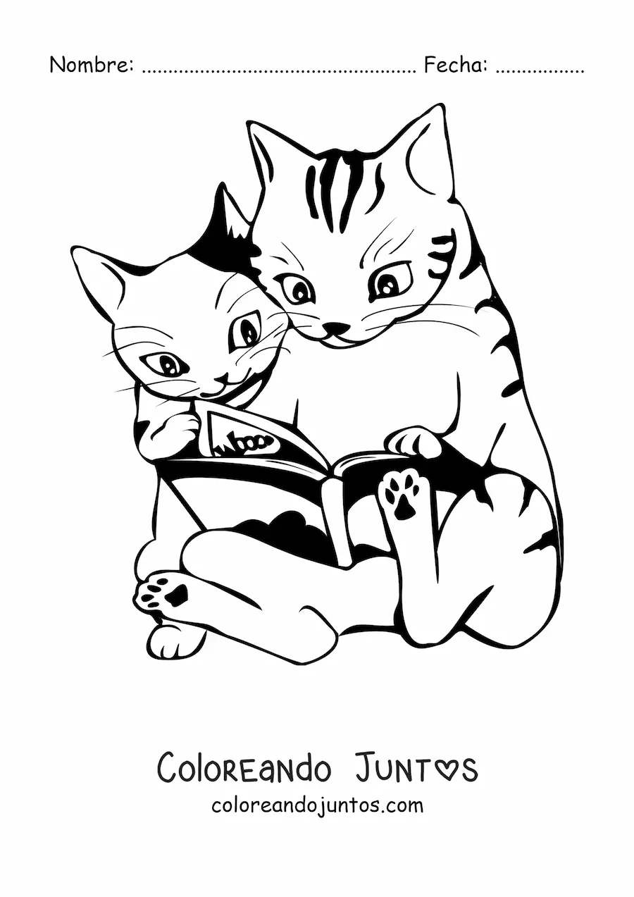 Imagen para colorear de dos gatos animados sentados leyendo un libro