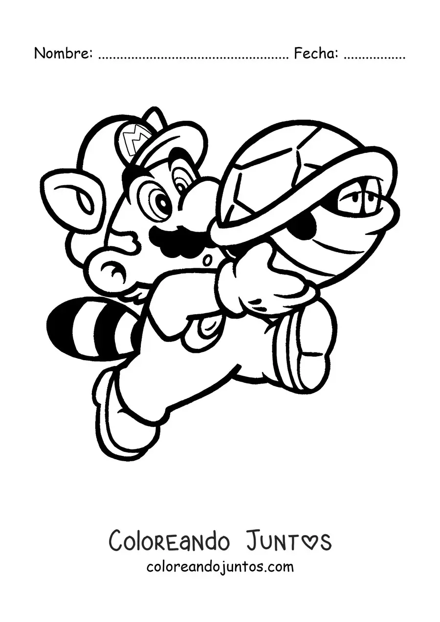 Imagen para colorear de Mario mapache de Mario Bros con caparazón