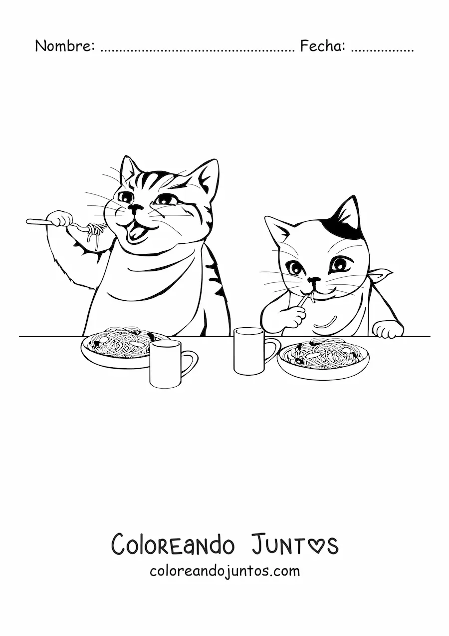 Imagen para colorear de dos gatos animados comiendo pasta con cubiertos