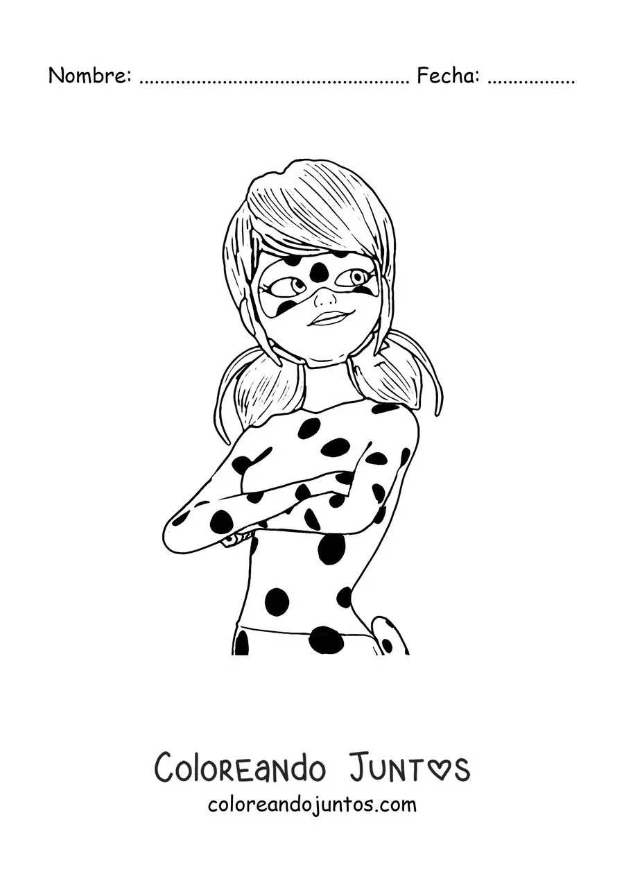 Imagen para colorear de Marinette con traje de Ladybug con los brazos cruzados