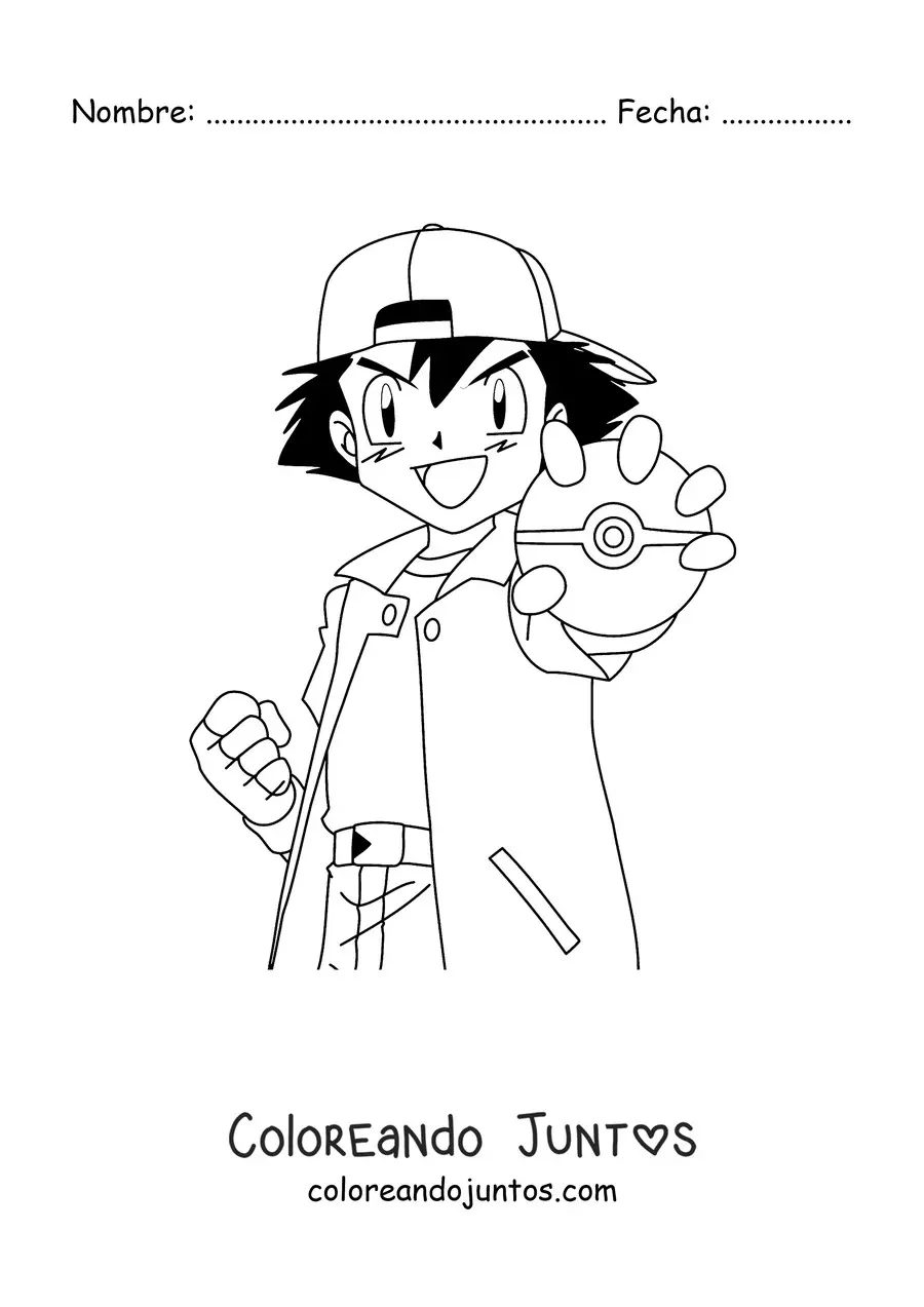 Imagen para colorear de Ash Ketchum de Pokémon con una pokebola