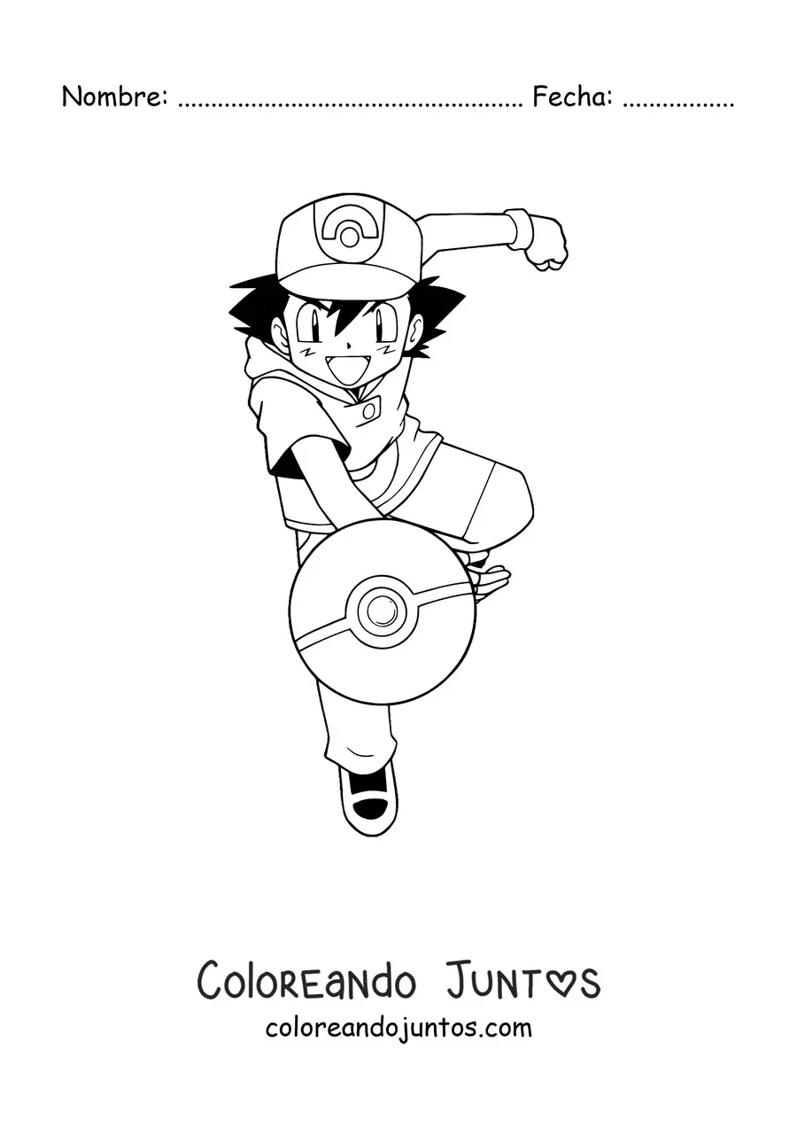 Imagen para colorear de Ash Ketchum de Pokémon lanzando una pokebola