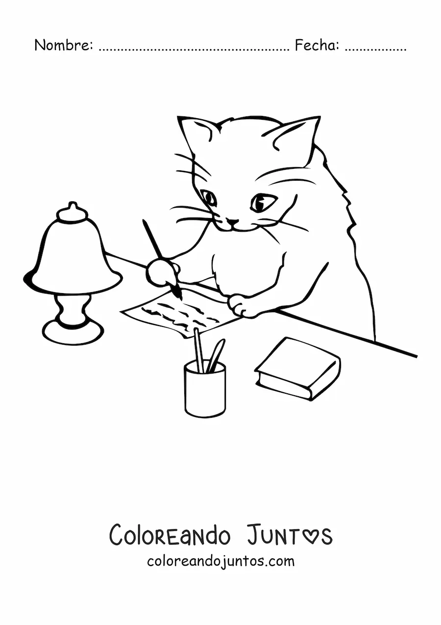 Imagen para colorear un de gato animado escribiendo una carta