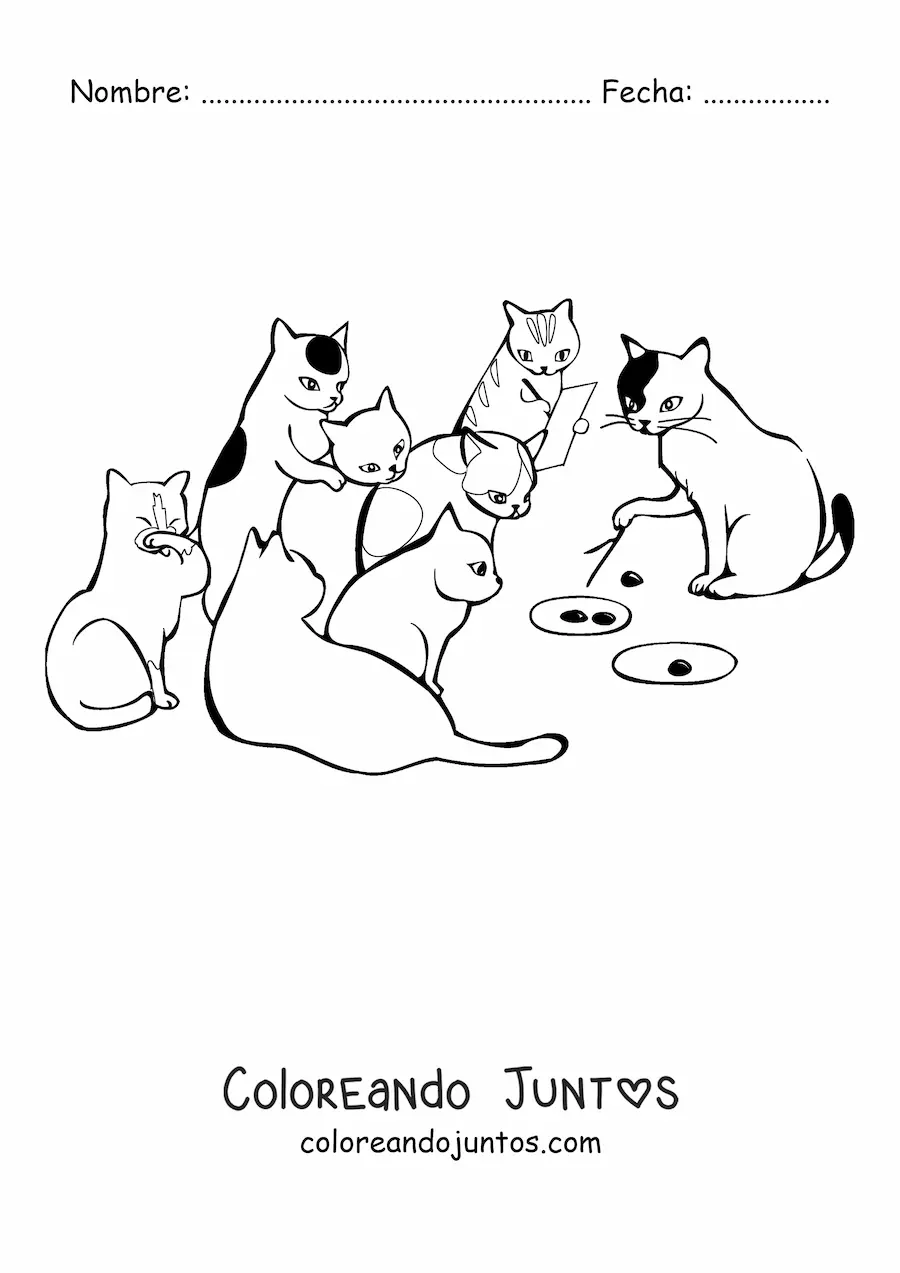 Imagen para colorear de una reunión de gatos que traman un plan