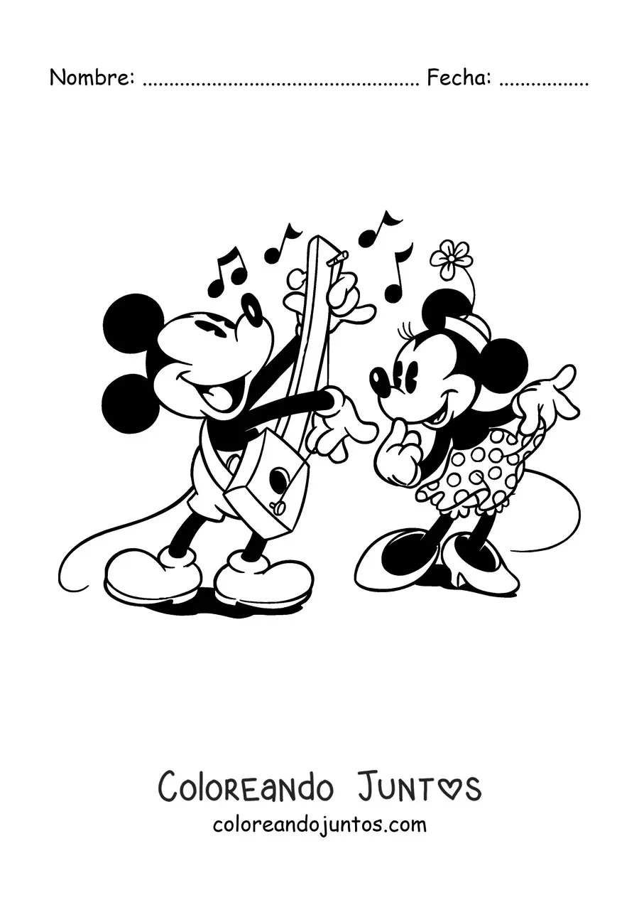 Imagen para colorear de Mickey tocando la guitarra y Minnie bailando