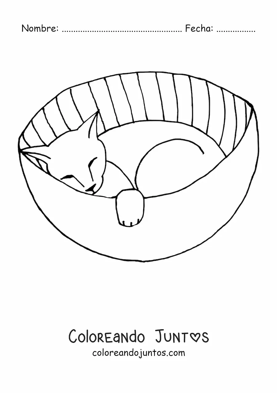 Imagen para colorear de un gato durmiendo en una cama para gatos