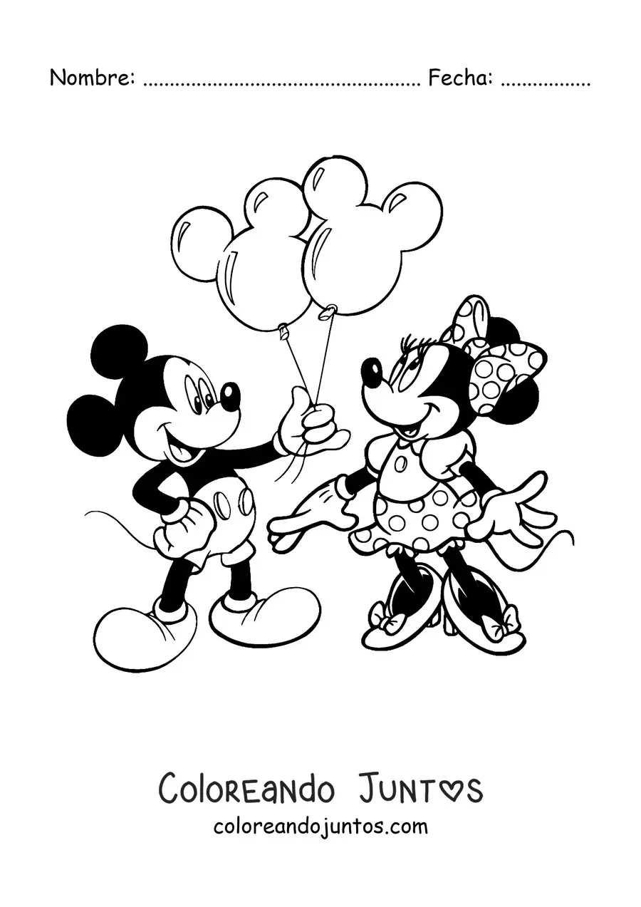 Imagen para colorear de Mickey regalándole globos a Minnie