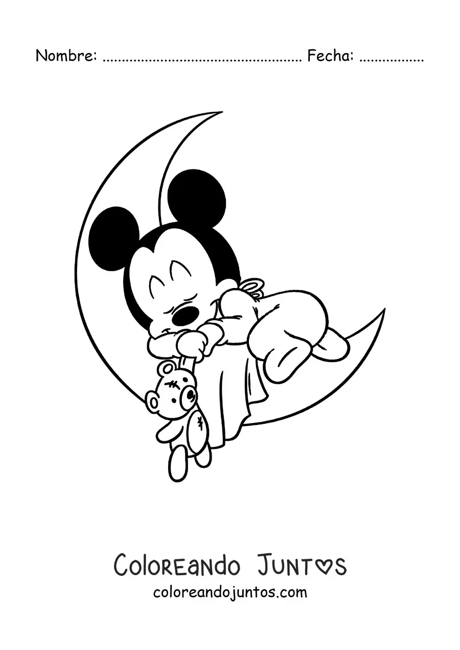 Imagen para colorear de Mickey bebé durmiendo sobre una luna sujetando un oso de peluche