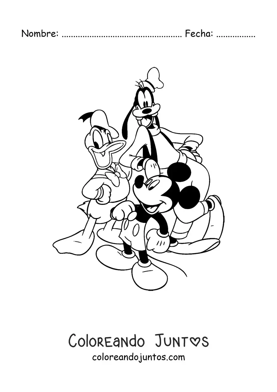 Imagen para colorear de Mickey junto a Donald y Goofy