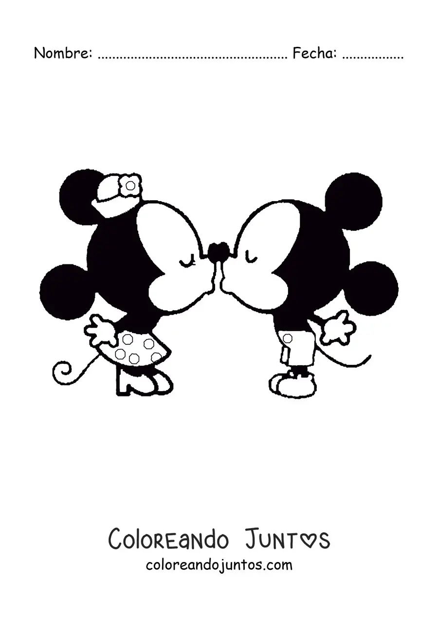 Imagen para colorear de Mickey kawaii besando a Minnie