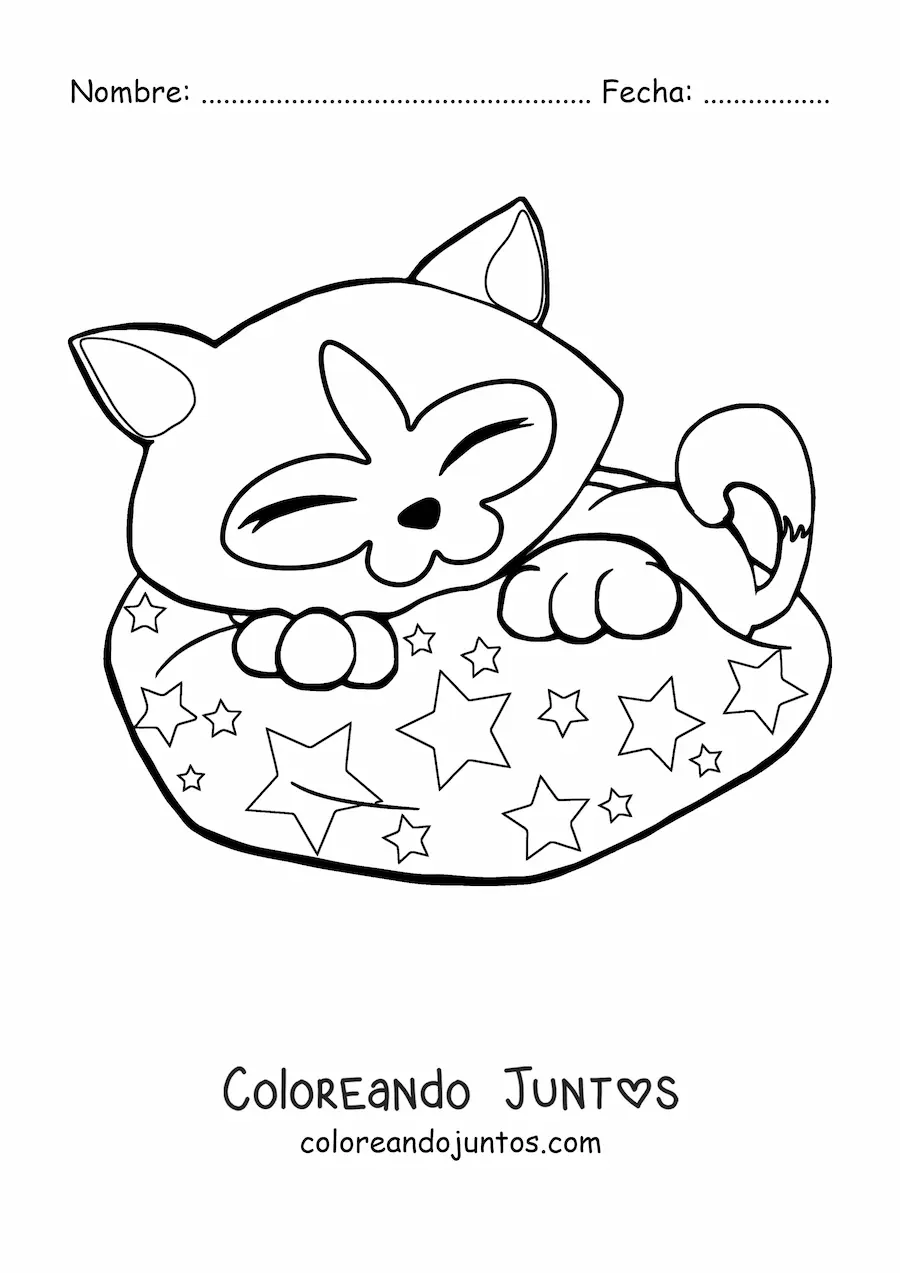 Imagen para colorear de un siamés durmiendo en una cama con estampado de estrellas