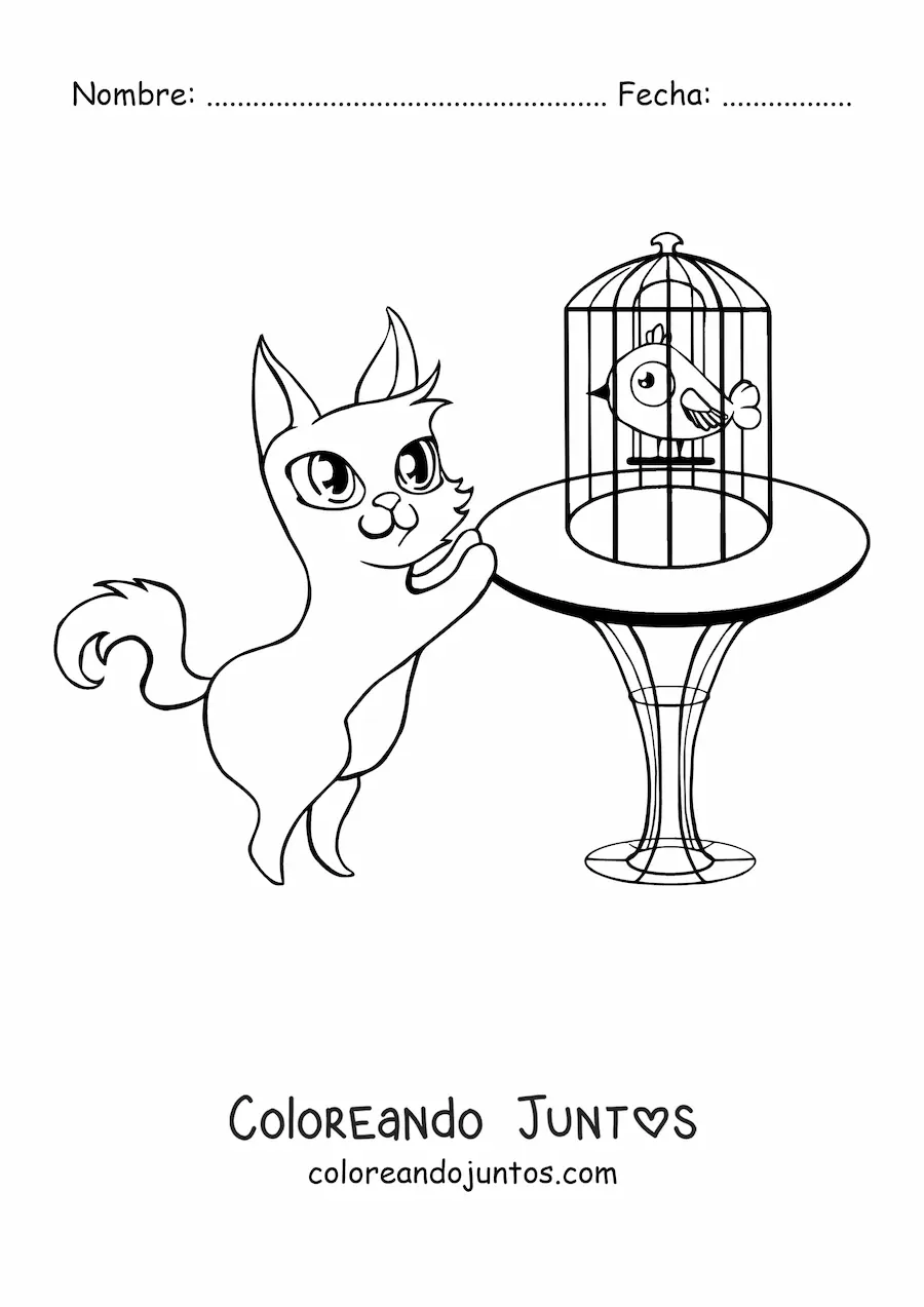 Imagen para colorear de un gato animado viendo a un ave en su jaula sobre una mesa