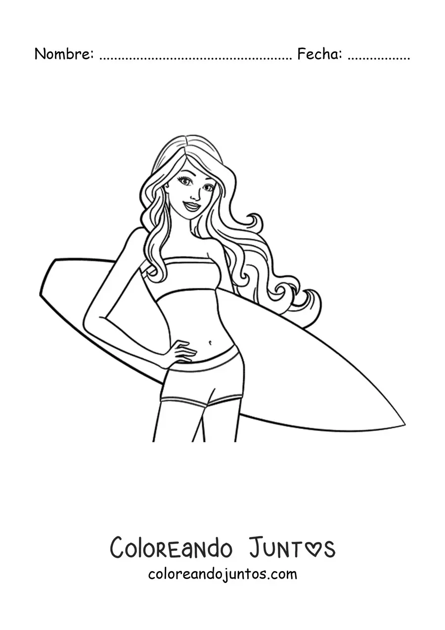 Imagen para colorear de Barbie en la playa con una tabla de surf