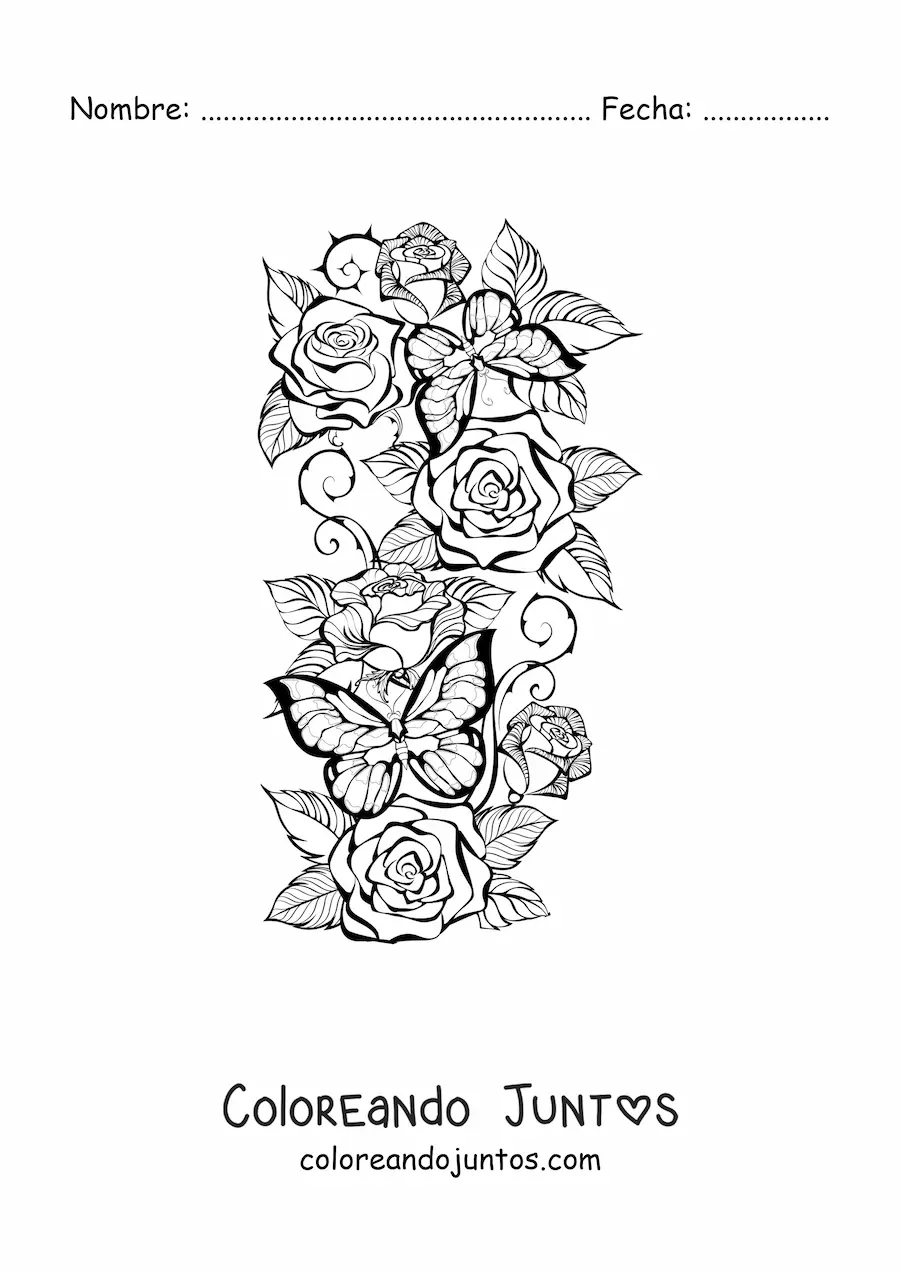 Imagen para colorear de varias rosas hermosas con dos mariposas