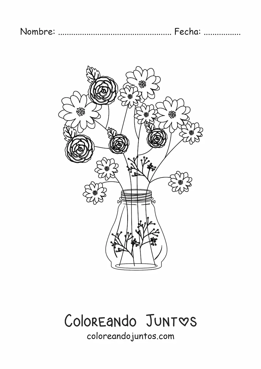 Imagen para colorear de un florero con cuatro rosas y otras flores