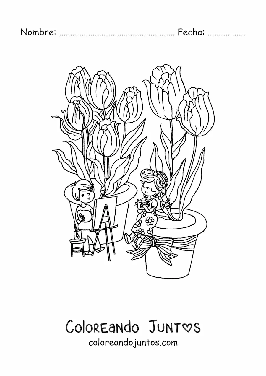 Imagen para colorear de varios tulipanes y dos niños kawaii