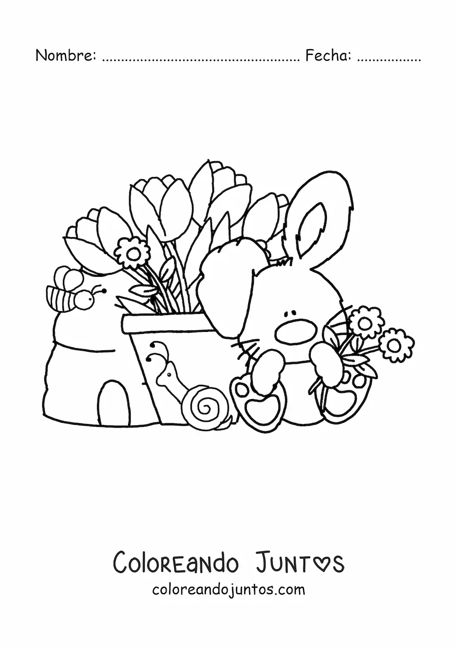 Imagen para colorear de un conejo animado kawaii con tulipanes y flores