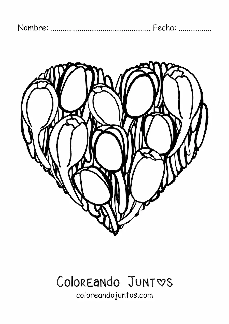 Imagen para colorear de un corazón de tulipanes