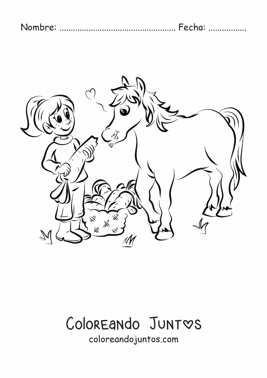 Imagen para colorear de una niña alimentando a un caballo con una zanahoria enorme