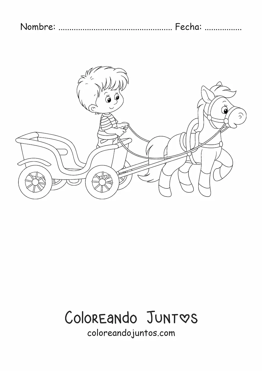 Imagen para colorear de un niño sobre un carruaje llevado por un caballo
