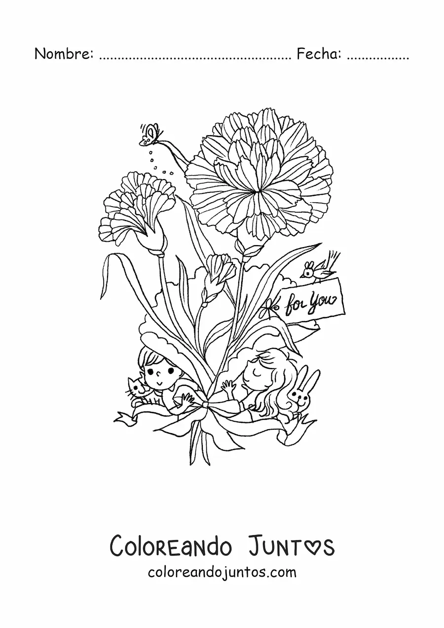 Imagen para colorear de unos claveles con niños kawaii