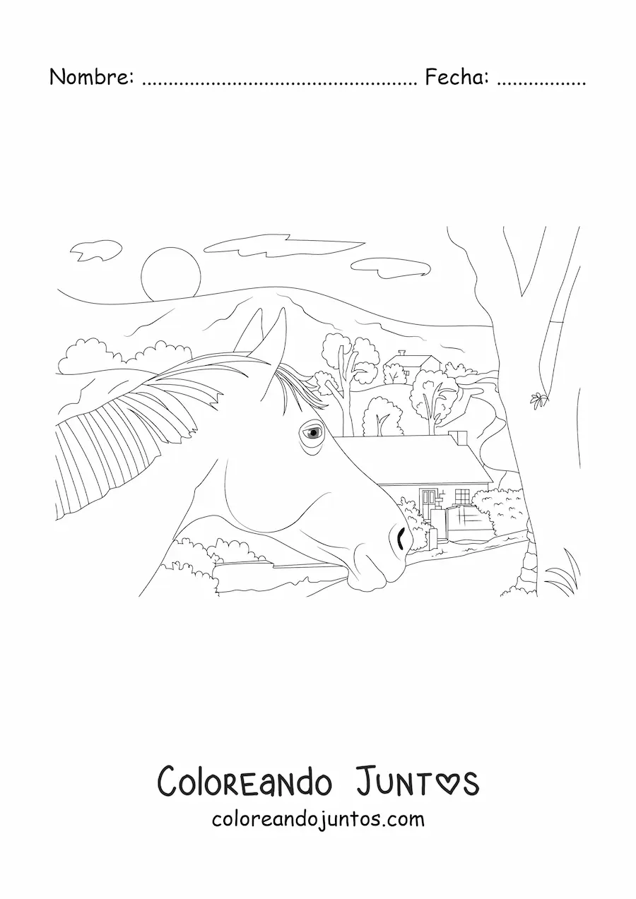 Imagen para colorear de una casa de campo con un caballo