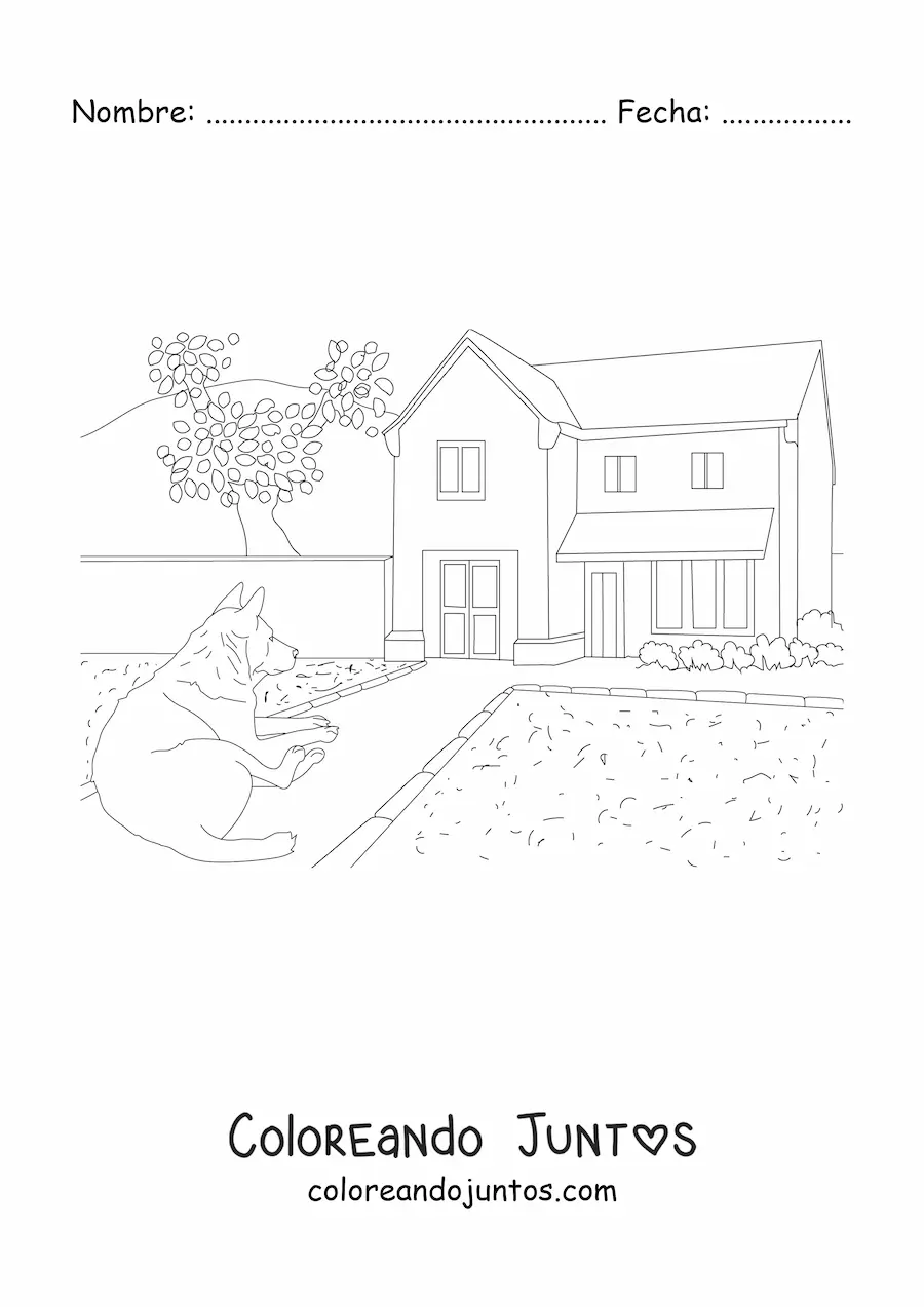 Imagen para colorear de una casa con un perro y un jardín