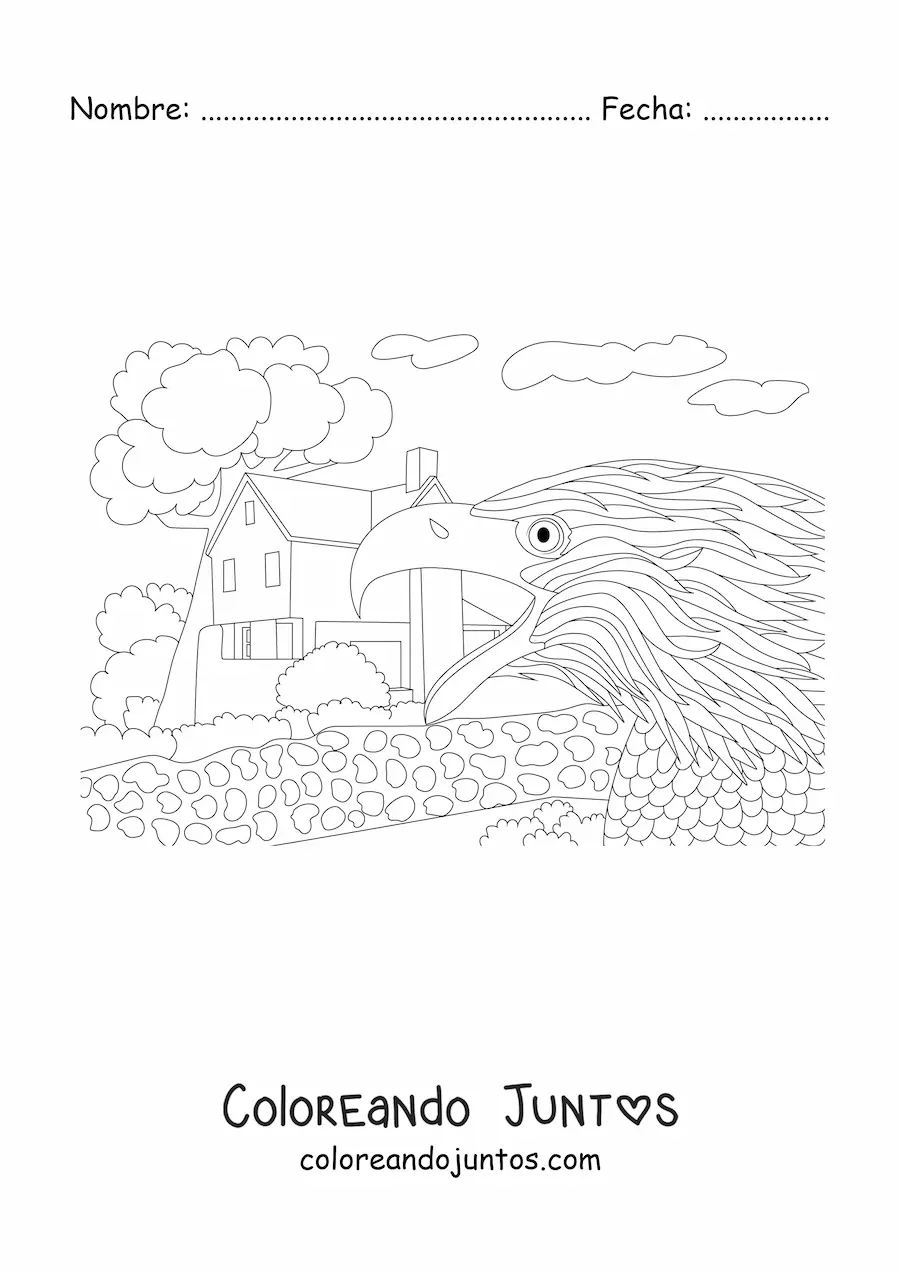 Imagen para colorear de un águila cerca de una casa