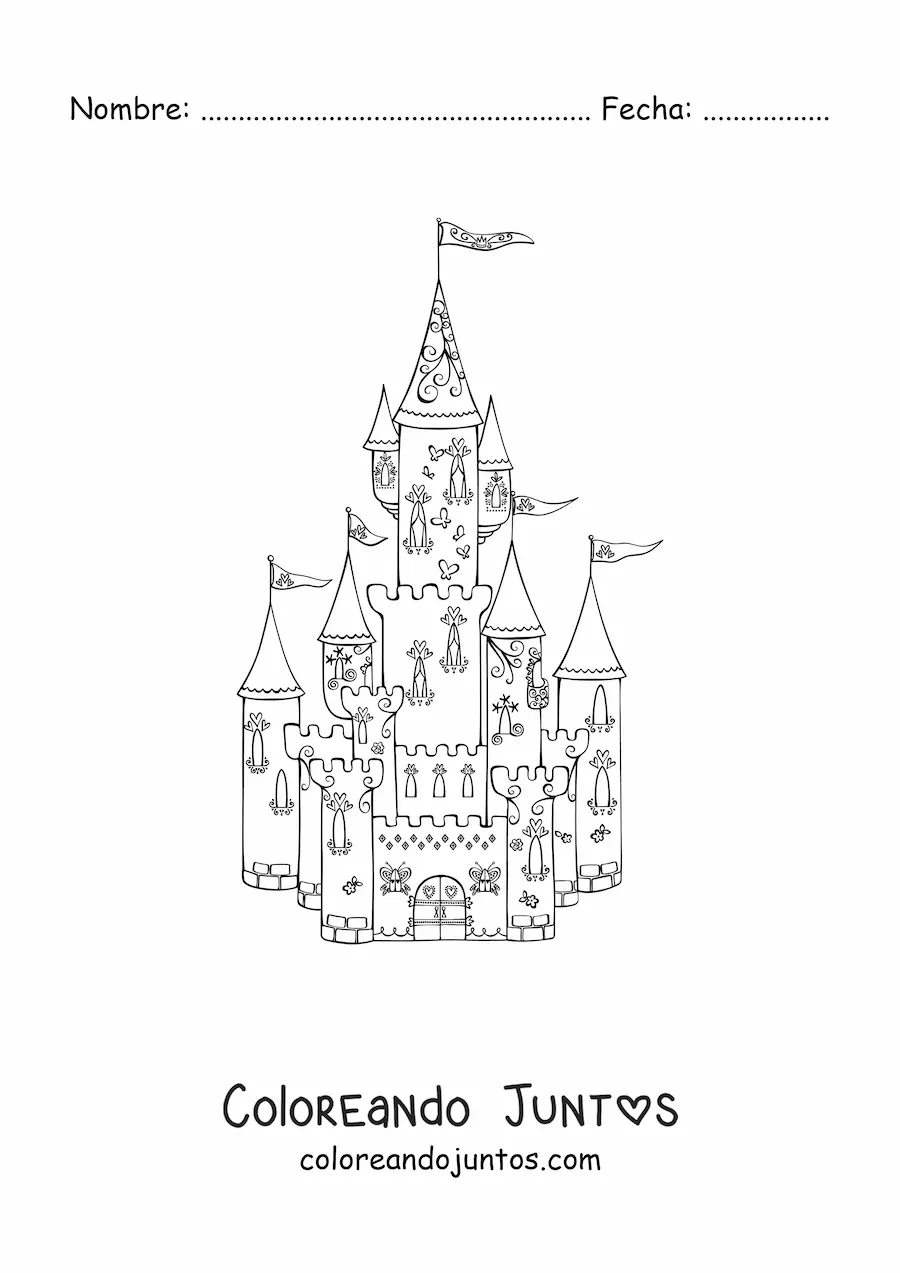 Imagen para colorear de un castillo de princesa con torres y banderas