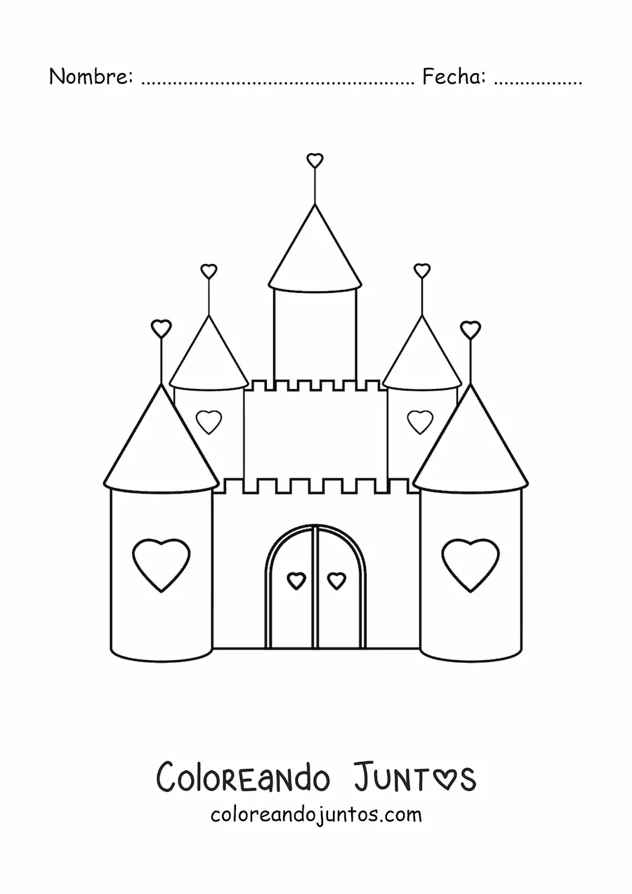 Imagen para colorear de un castillo kawaii decorado con corazones