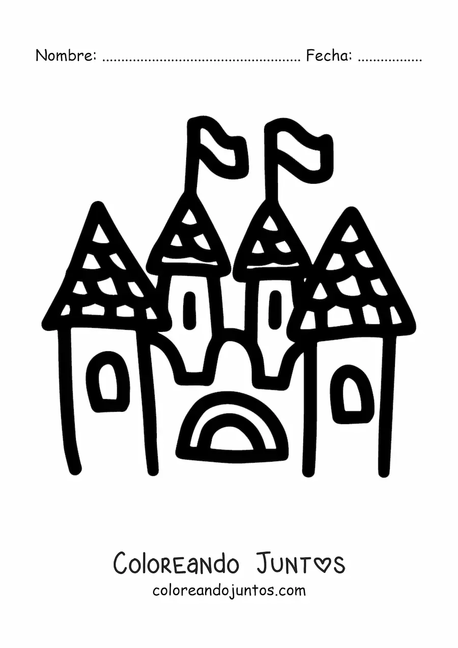 Imagen para colorear de un castillo de caricatura con cuatro torres y banderines