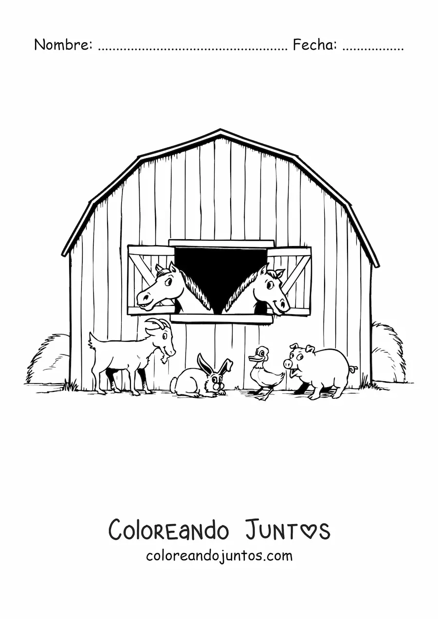 Imagen para colorear del establo de una granja con dos caballos y otros animales animados