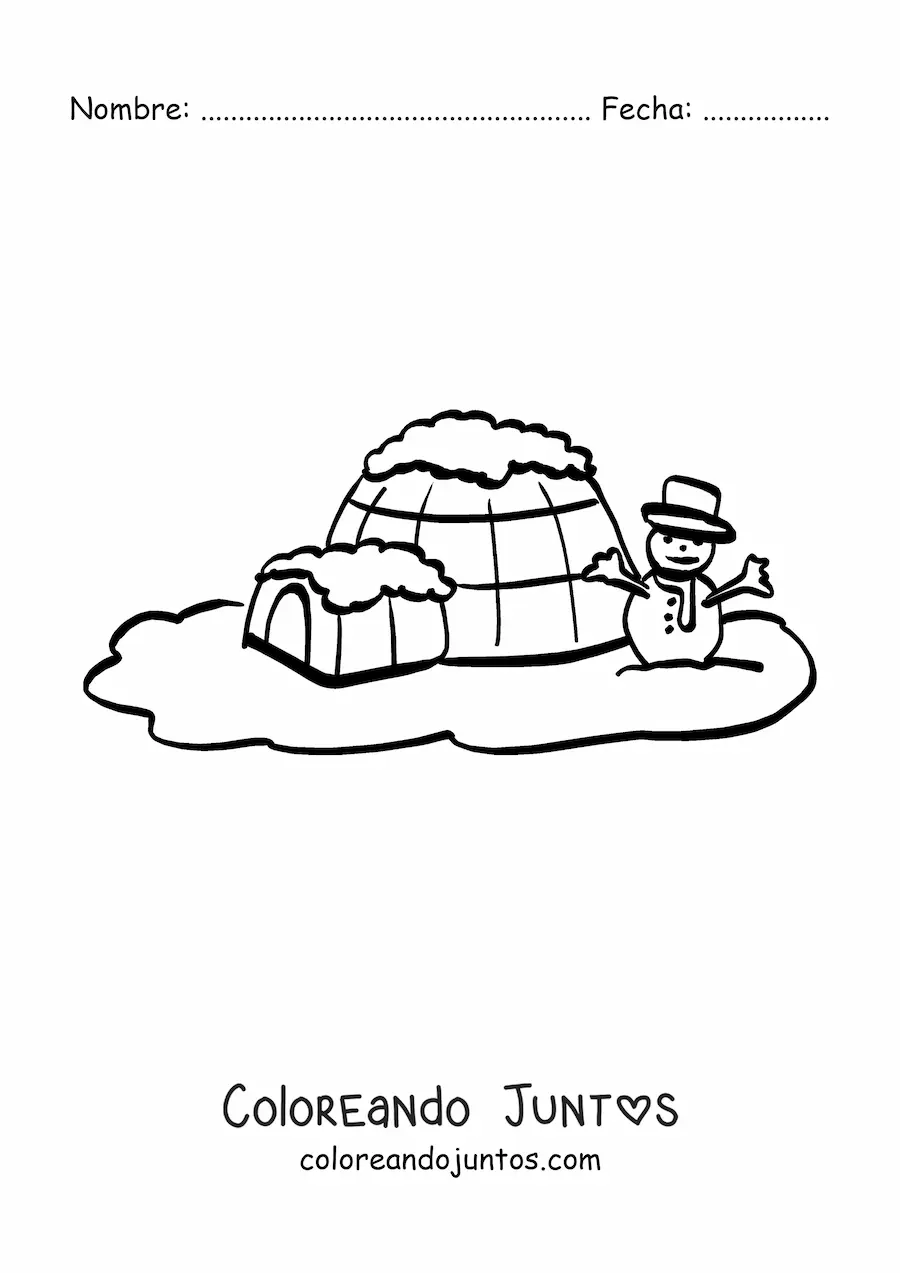 Imagen para colorear de un iglú con un muñeco de nieve