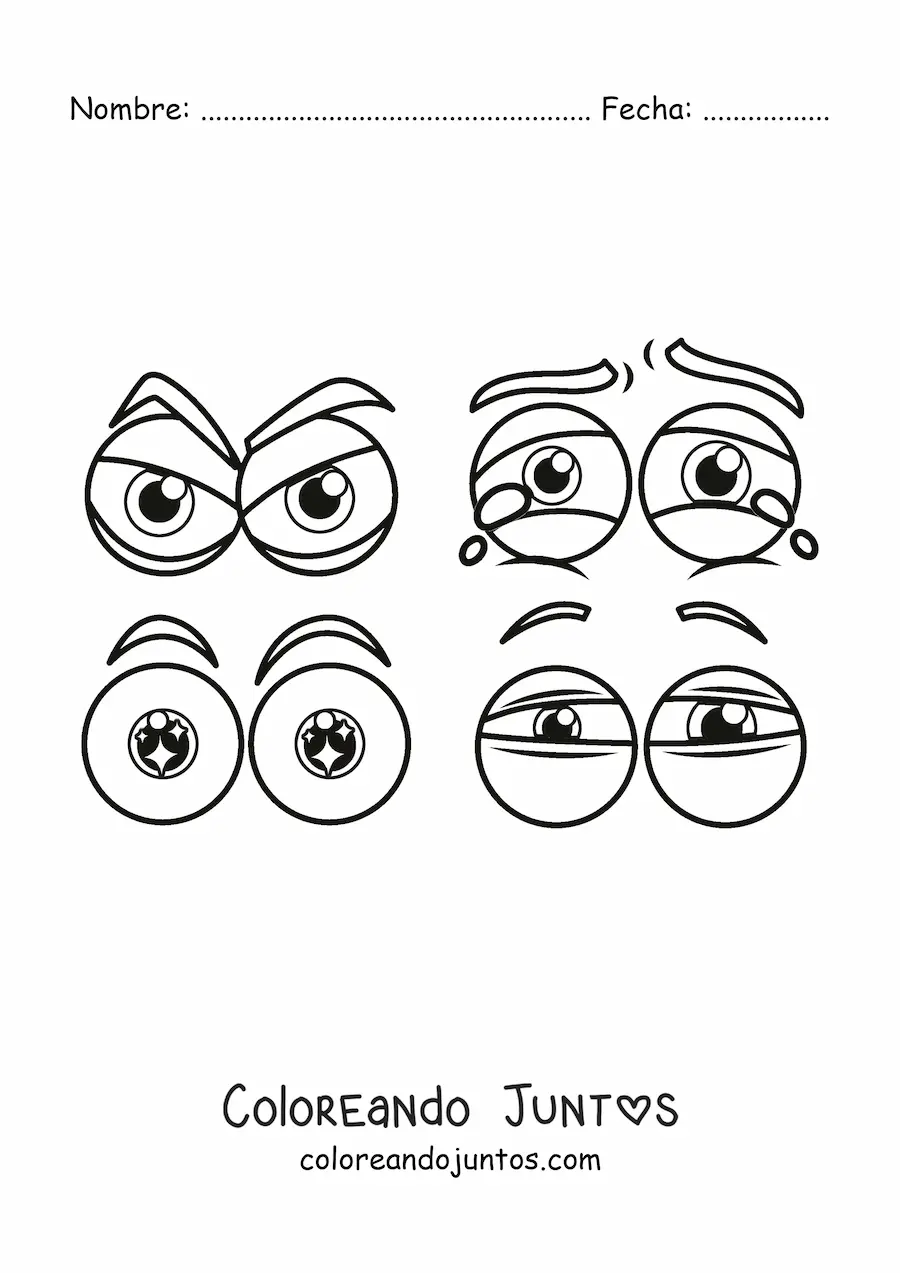 Imagen para colorear de 4 pares de ojos animados expresando diferentes emociones