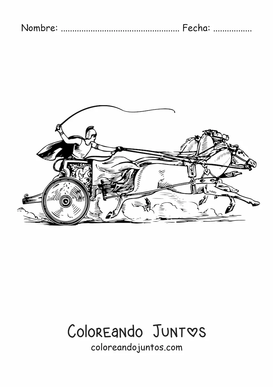 Imagen para colorear de una auriga romana a toda velocidad conducida por dos caballos