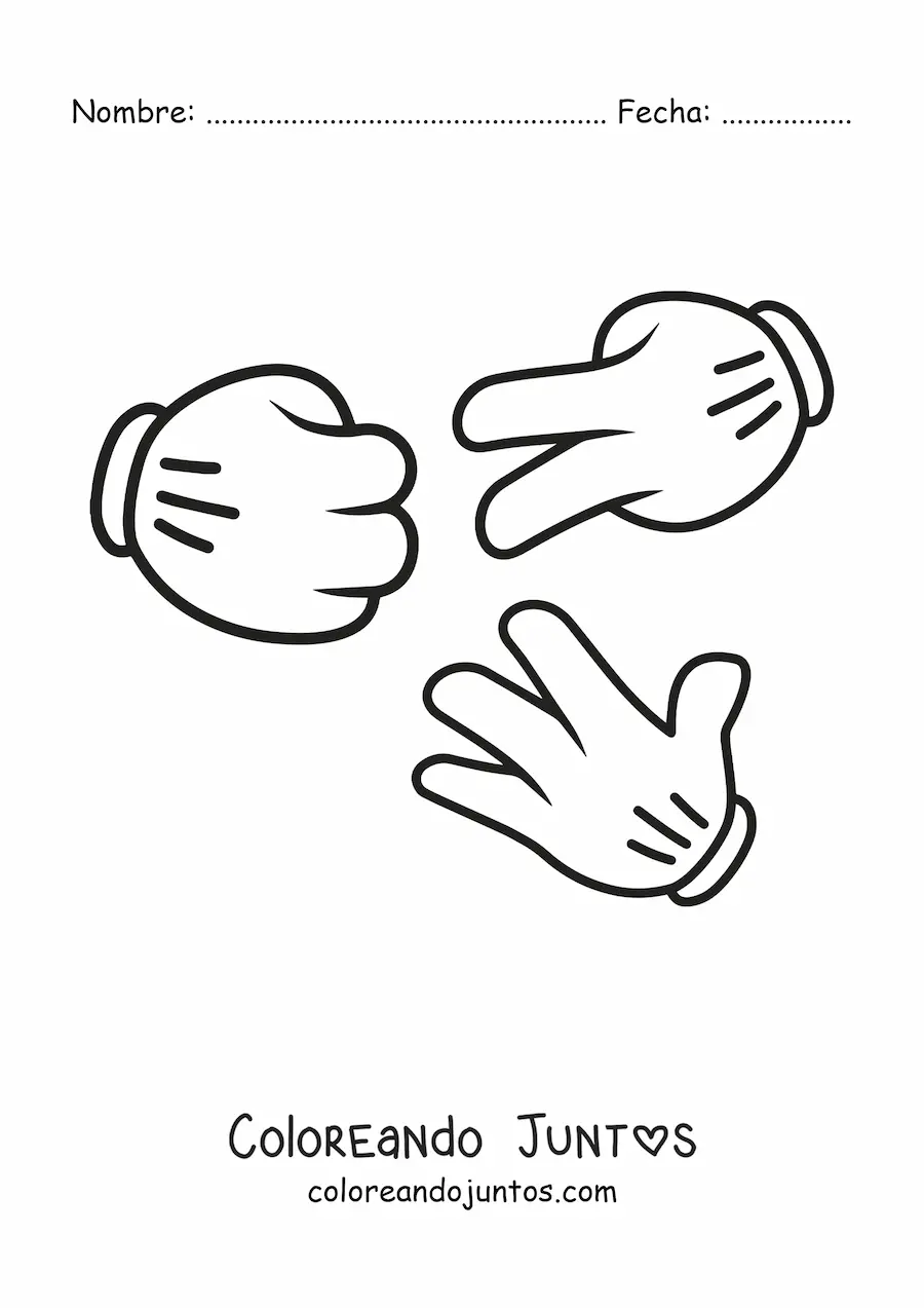 Imagen para colorear de manos de Mickey Mouse jugando piedra papel o tijera