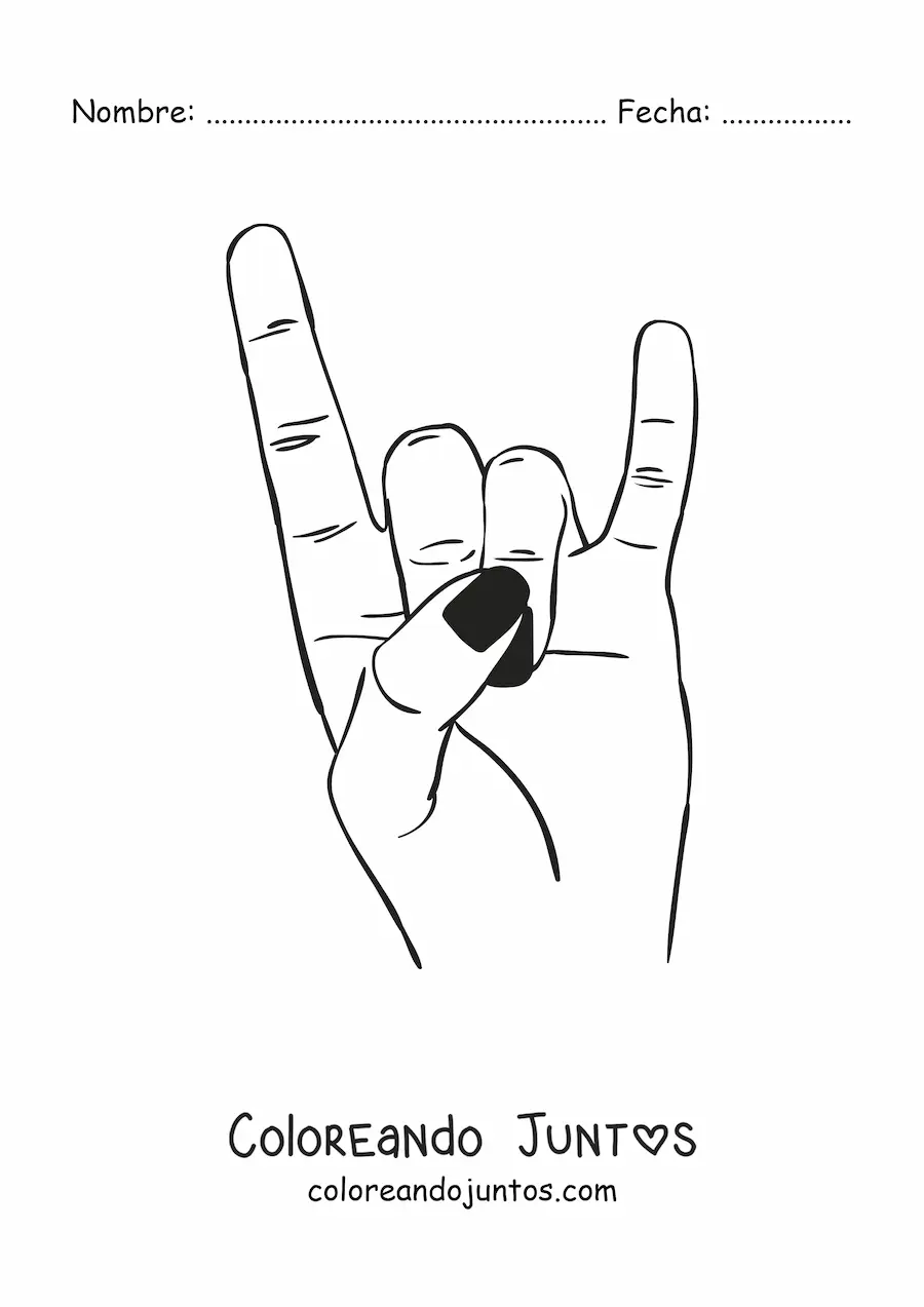 Imagen para colorear de una mano con uñas negras haciendo el signo del rock