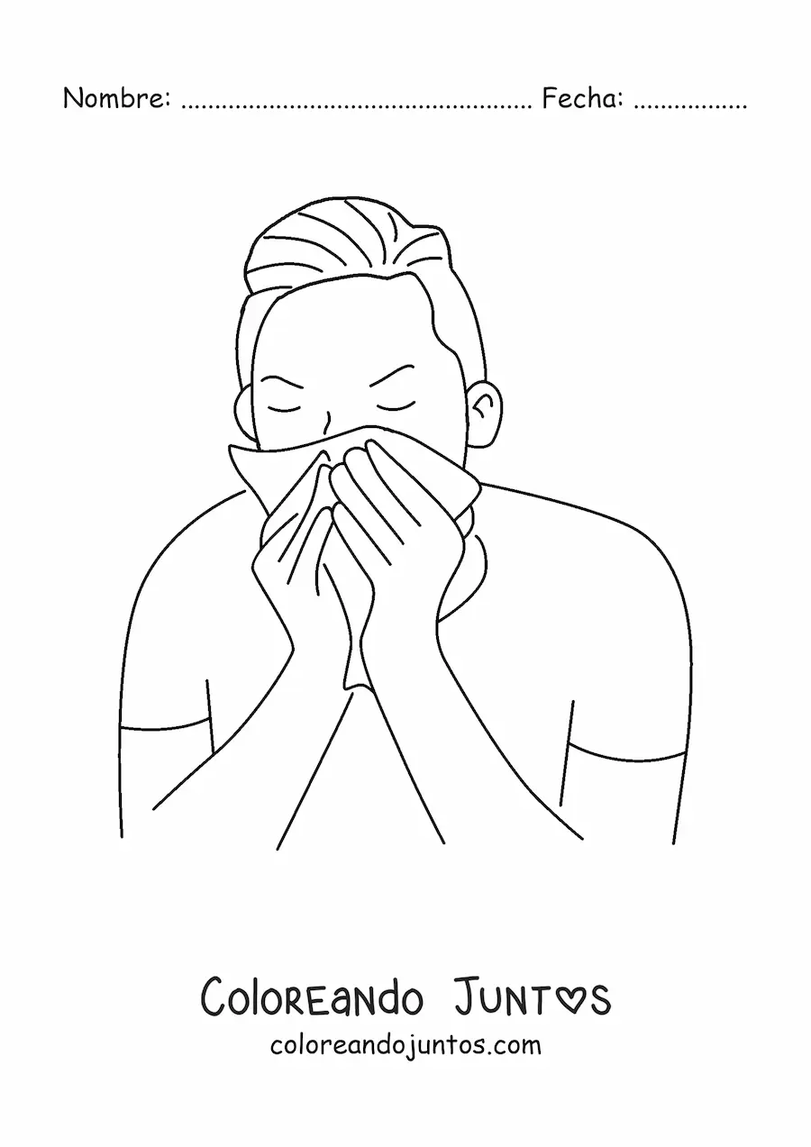 Imagen para colorear de un hombre tapando su nariz con un pañuelo al estornudar