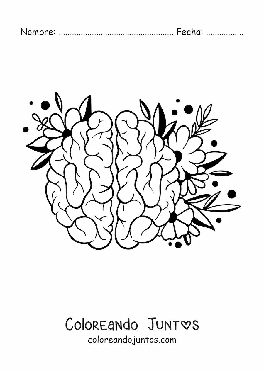 Imagen para colorear de un cerebro bonito con flores