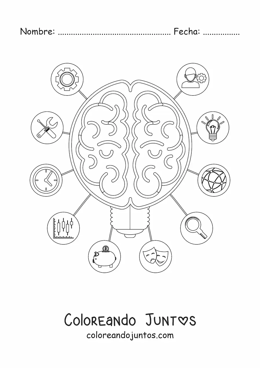 Imagen para colorear de un cerebro rodeado de símbolos que representan el pensamiento, las emociones y la inteligencia