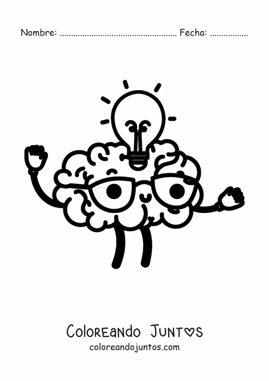 Imagen para colorear de un cerebro kawaii animado teniendo una idea, con lentes y una bombilla