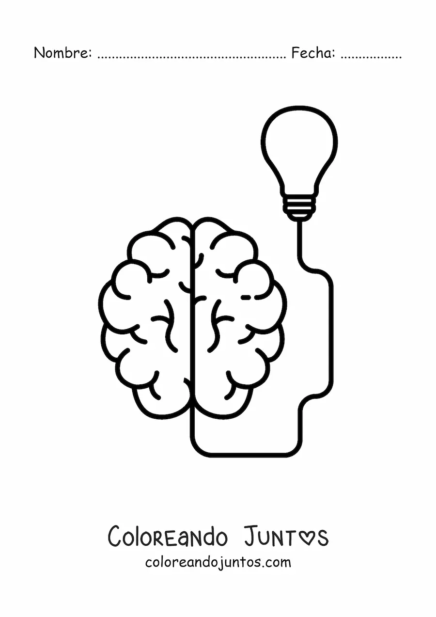 Imagen para colorear de un cerebro teniendo una idea, conectado a una bombilla