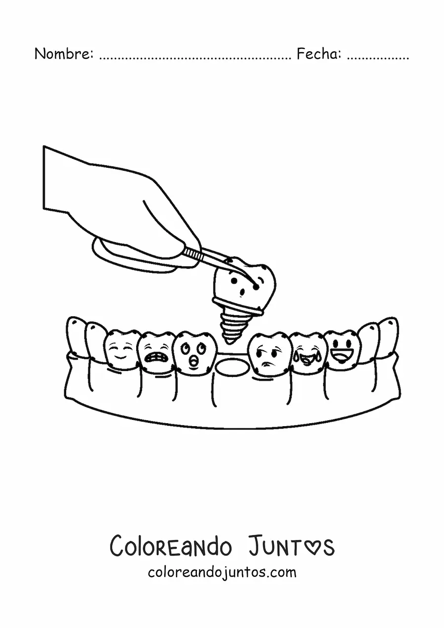 Imagen para colorear de un diente animado siendo extraído por el dentista