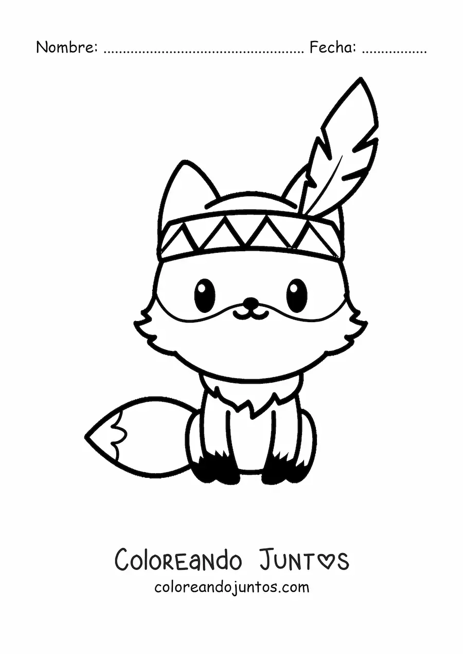 Imagen para colorear de un zorro kawaii animado sentado con una pluma de indio en la cabeza