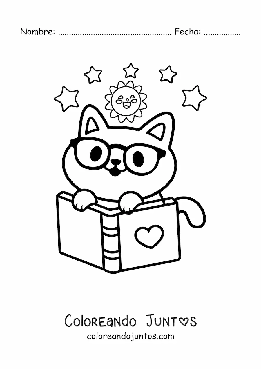 Imagen para colorear de un gato kawaii con libro abierto