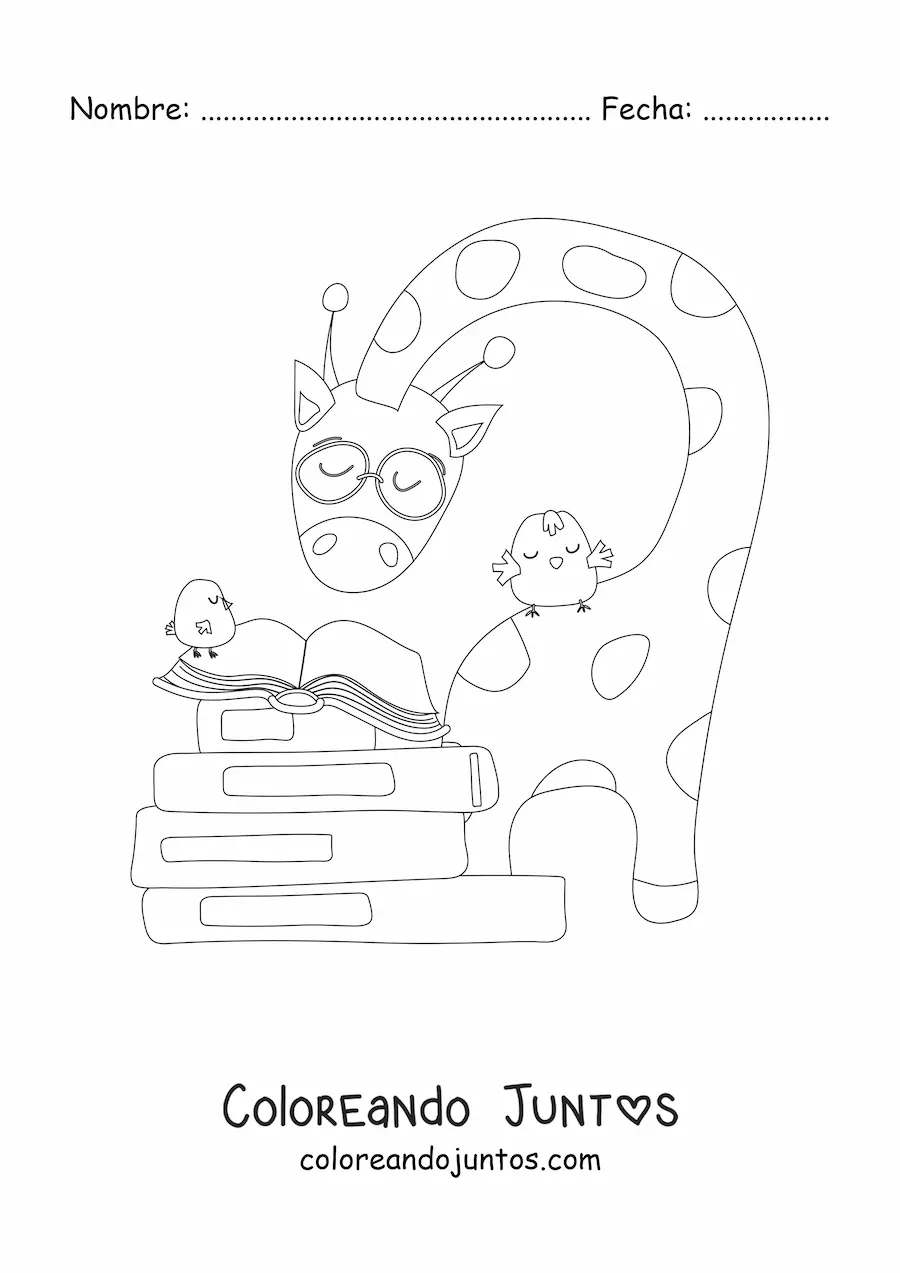 Imagen para colorear de una jirafa animada leyendo un libro junto a unos pájaros