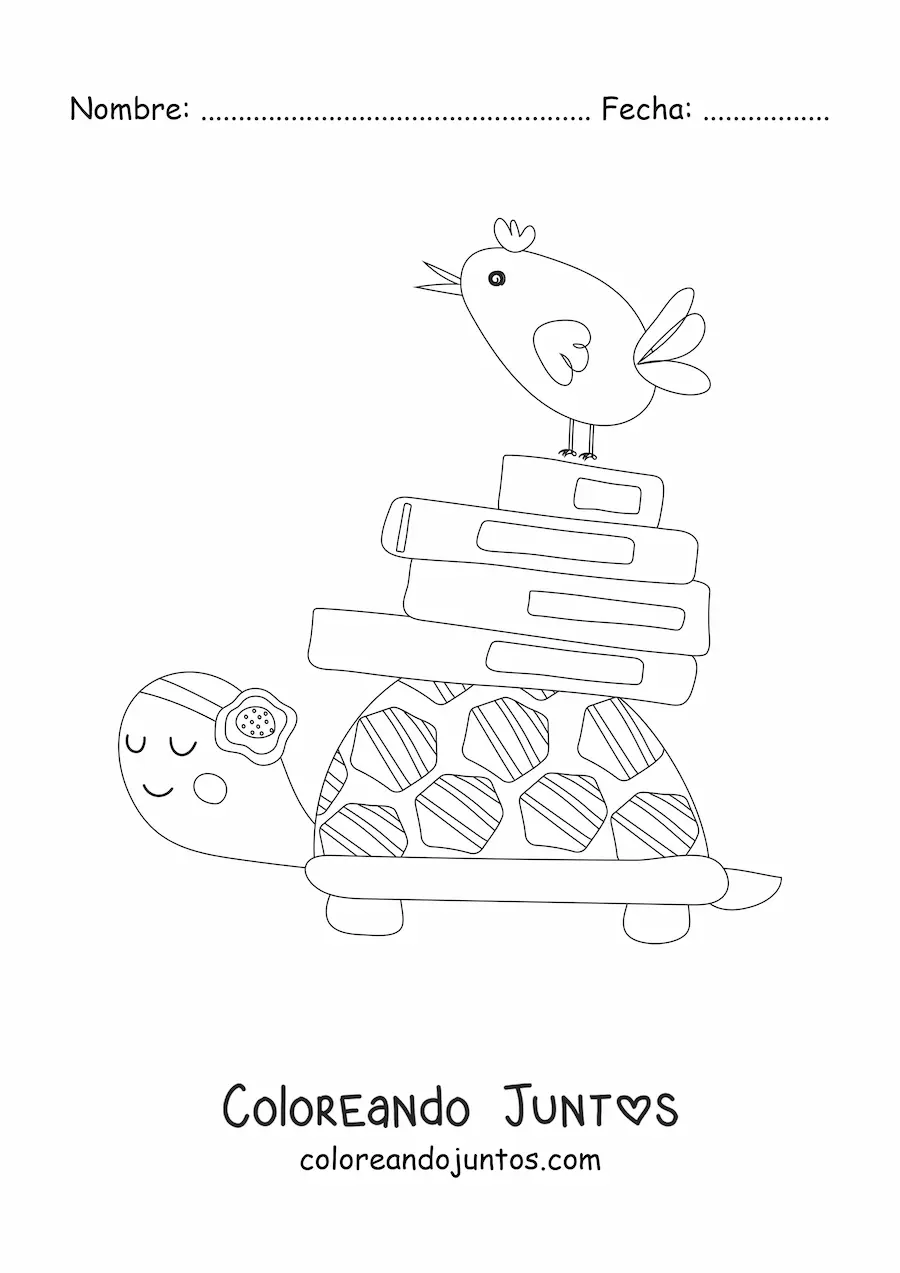 Imagen para colorear de una tortuga animada llevando una pila de libros sobre el caparazón