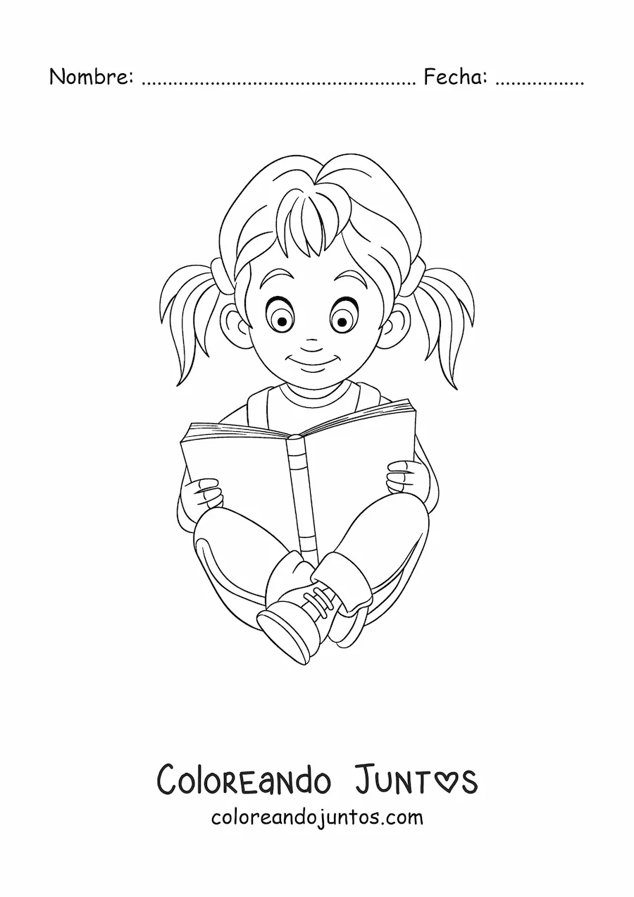 Imagen para colorear de una niña sentada leyendo un libro