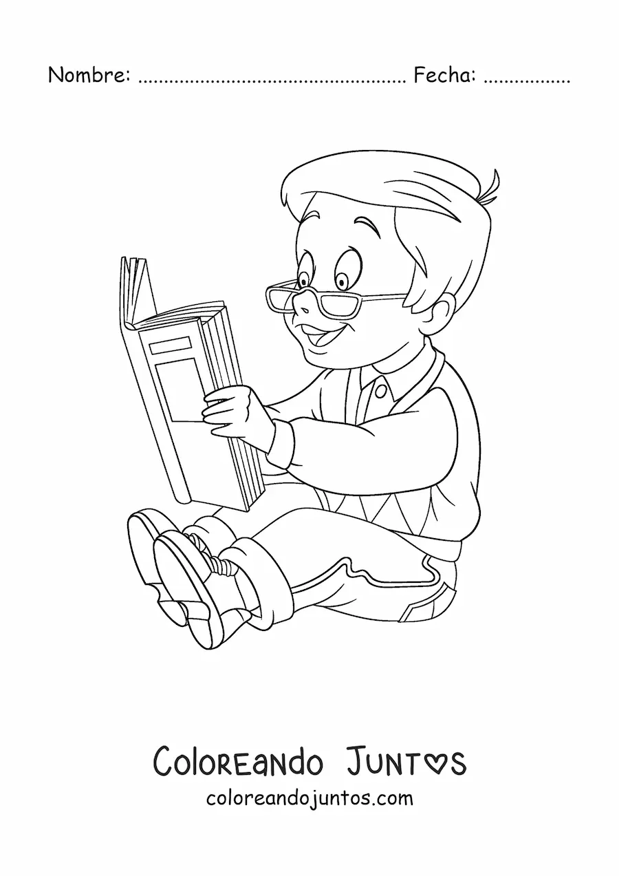 Imagen para colorear de un niño con lentes leyendo un libro